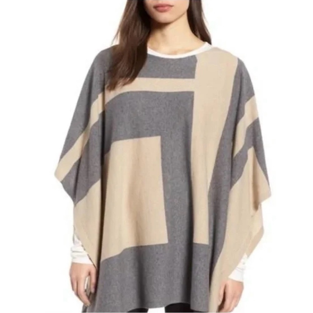 Eileen Fisher Poncho Cashmere Blend Cape Knit Colorblock Gray Cream One Size